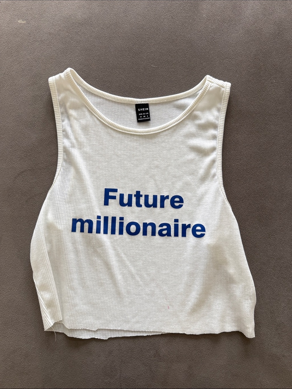 SHEIN White Ribbed Crop Tank with Blue "Future Millionaire" Print